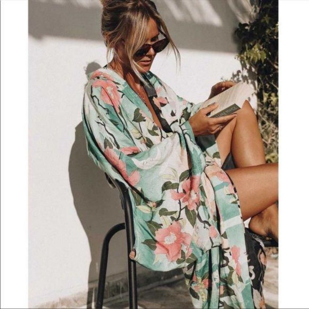 Boho Kimono Floral Bird Print Maxi Gypsy Coverup - Picture 3 of 5